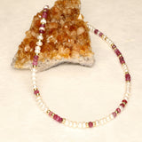 Pearl and Red Ombre Stone Long Gold Filled Necklace