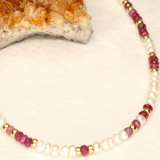 Pearl and Red Ombre Stone Long Gold Filled Necklace